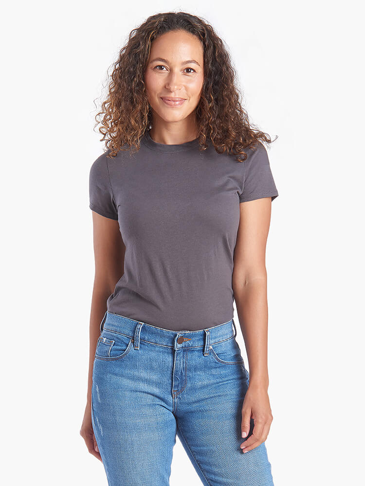 Women wearing Noche Gray Fitted Crew Marcy Tee