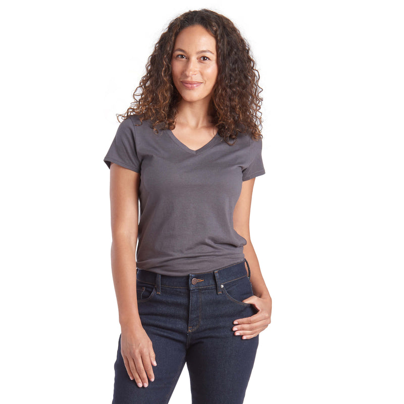 Women wearing Noche Gray Fitted V-Neck Marcy Tee