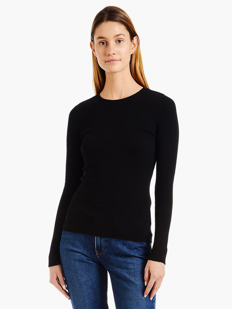 Women wearing Black Light Ribbed Cotton/Cashmere Crew Emma Sweater
