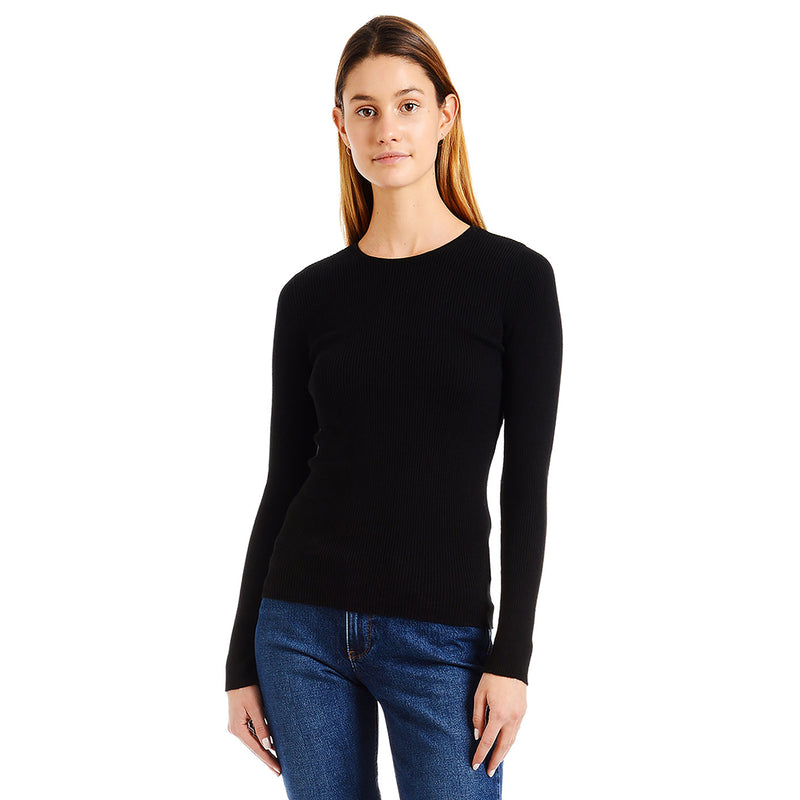 Women wearing Noir Light Ribbed Cotton/Cashmere Crew Emma Sweater