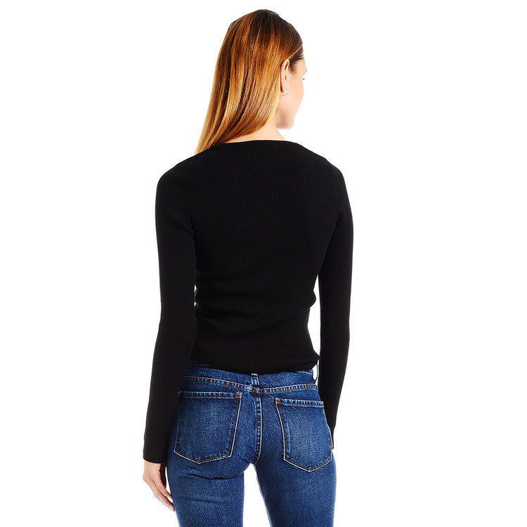 Women wearing Black Light Ribbed Cotton/Cashmere V-Neck Emma
