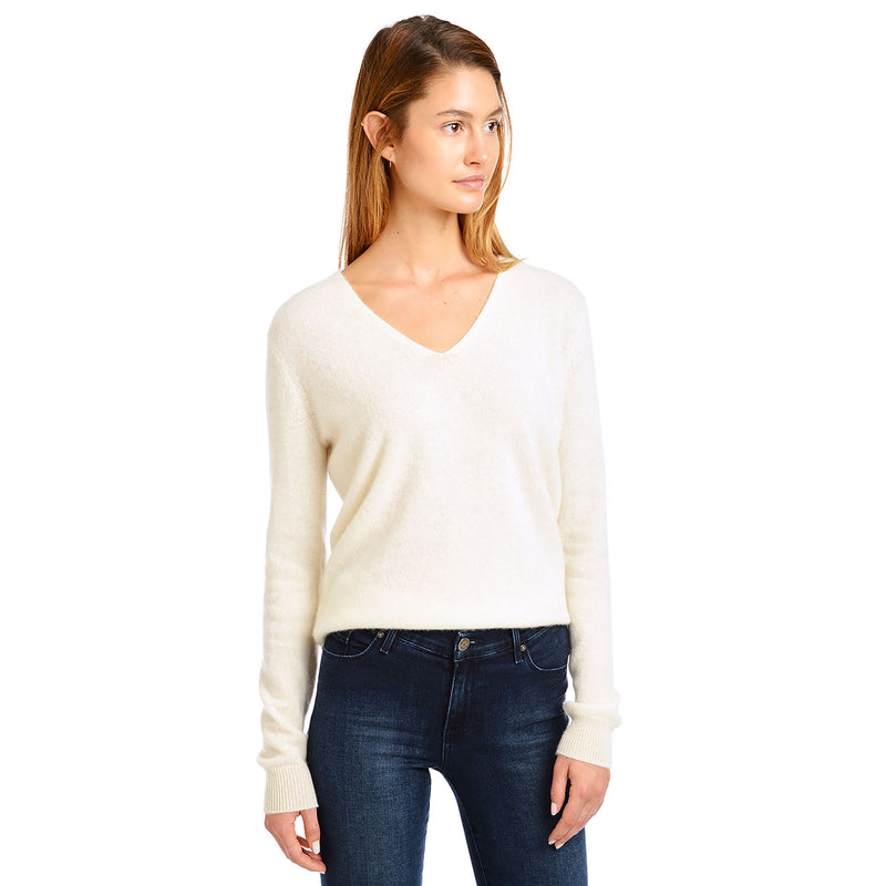 Women wearing Cream Cashmere Oversized V-Neck Willow Sweater