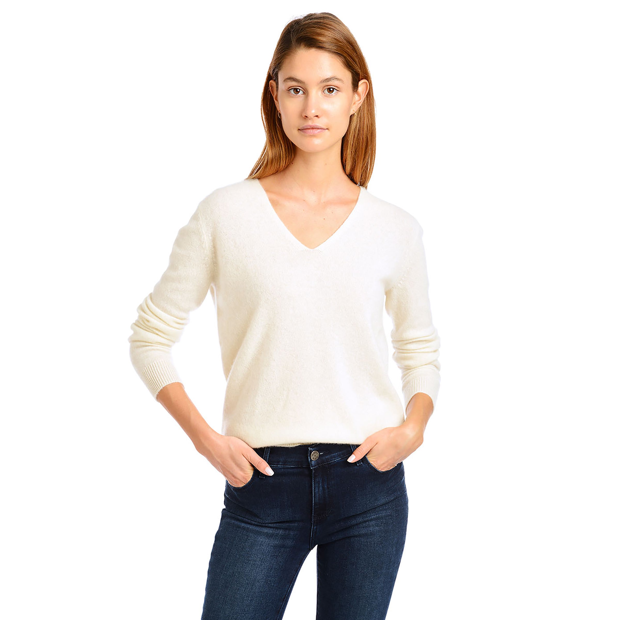 Women wearing Crema Cashmere Oversized V-Neck Willow Sweater