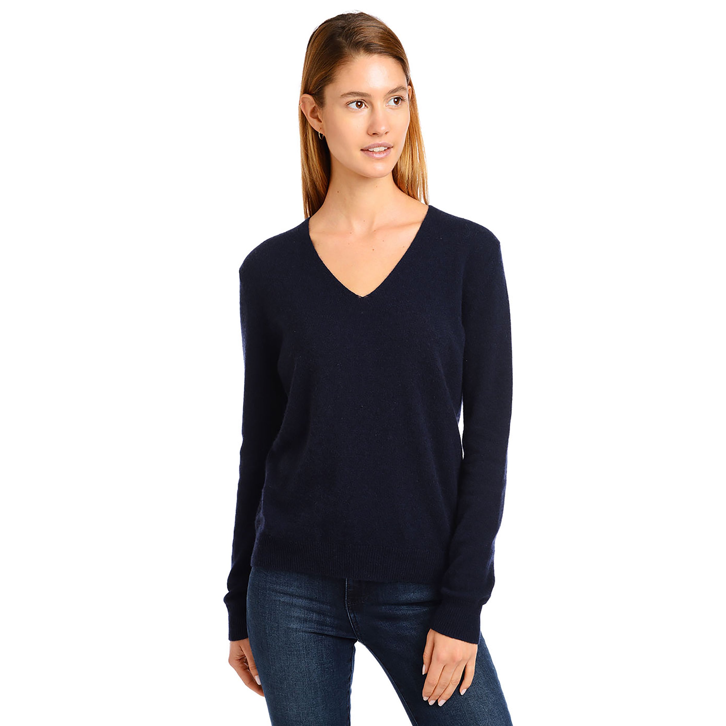 Women wearing Navy Cashmere Oversized V-Neck Willow Sweater