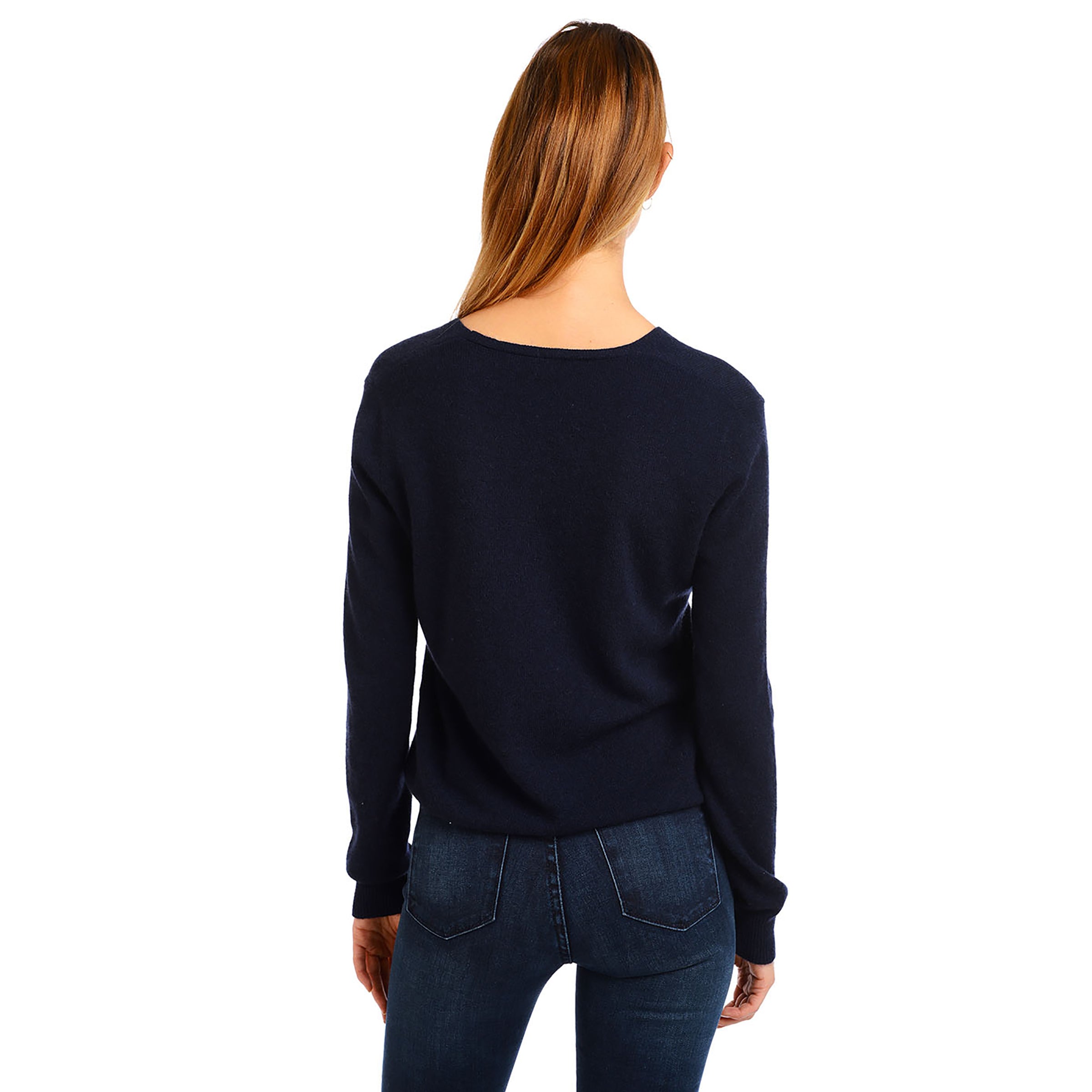 Women wearing Navy Cashmere Oversized V-Neck Willow Sweater